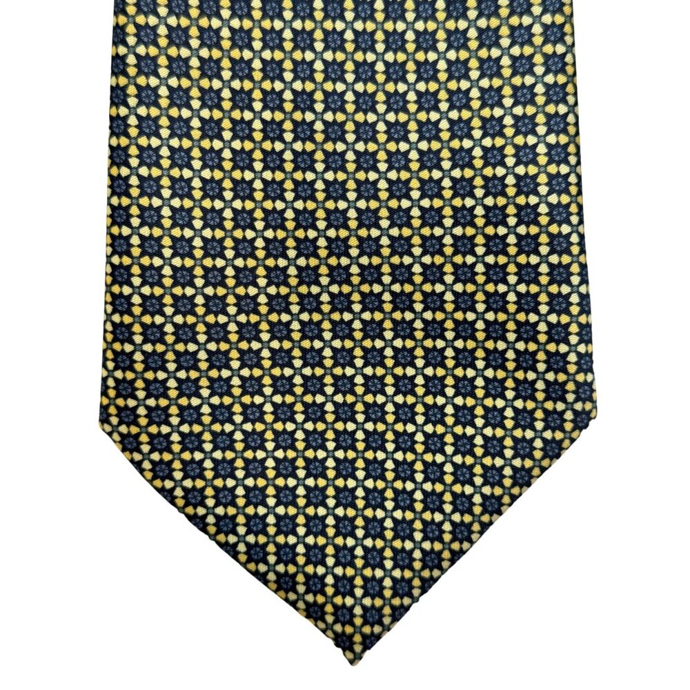 Rene Chagal Men's Handmade Necktie Tie Myung Ju Silk Navy Blue Tan 59x4"